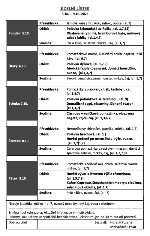 Jídelníček 5. - 9.10.2026