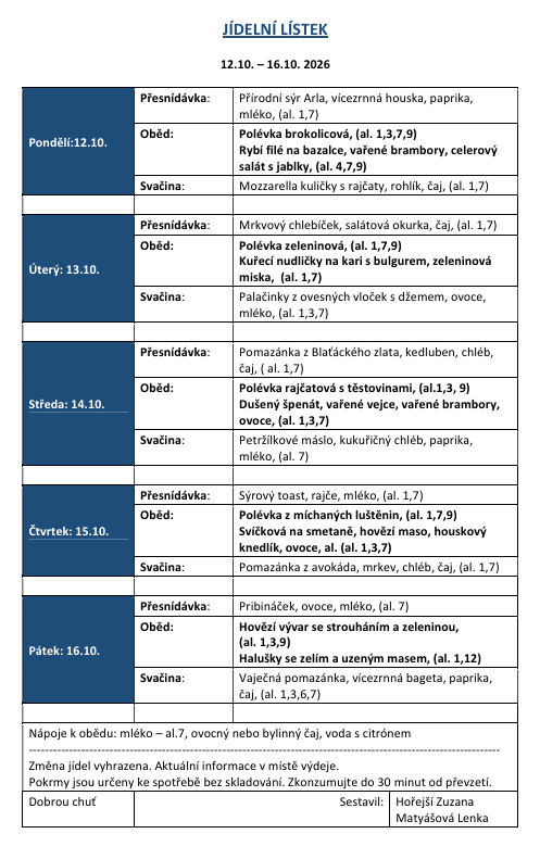 Jídelníček 12. - 17.10.2026