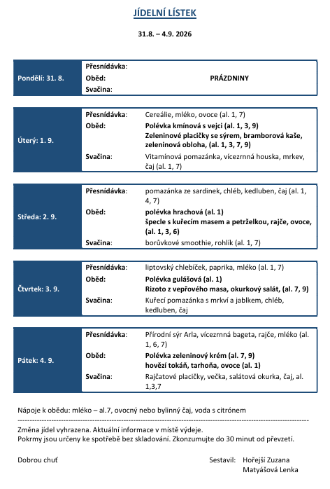 Jídelníček 1.9. - 4.9.2026