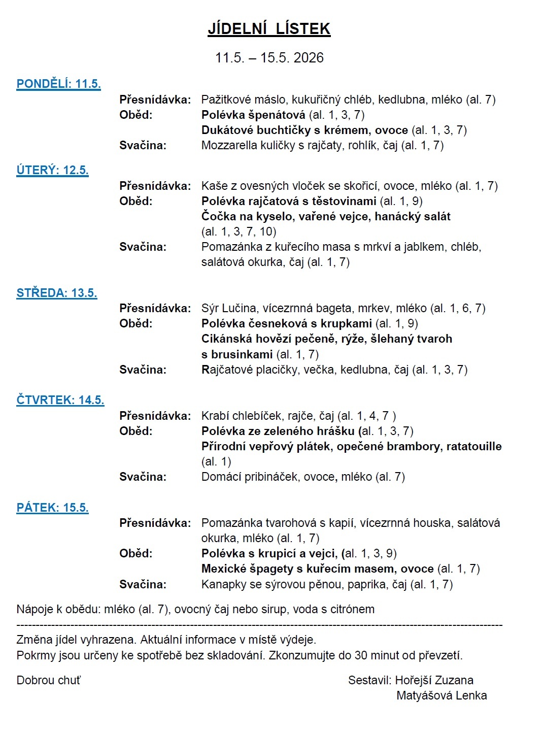 Jídelní lístek 11.5.-15.5.2026