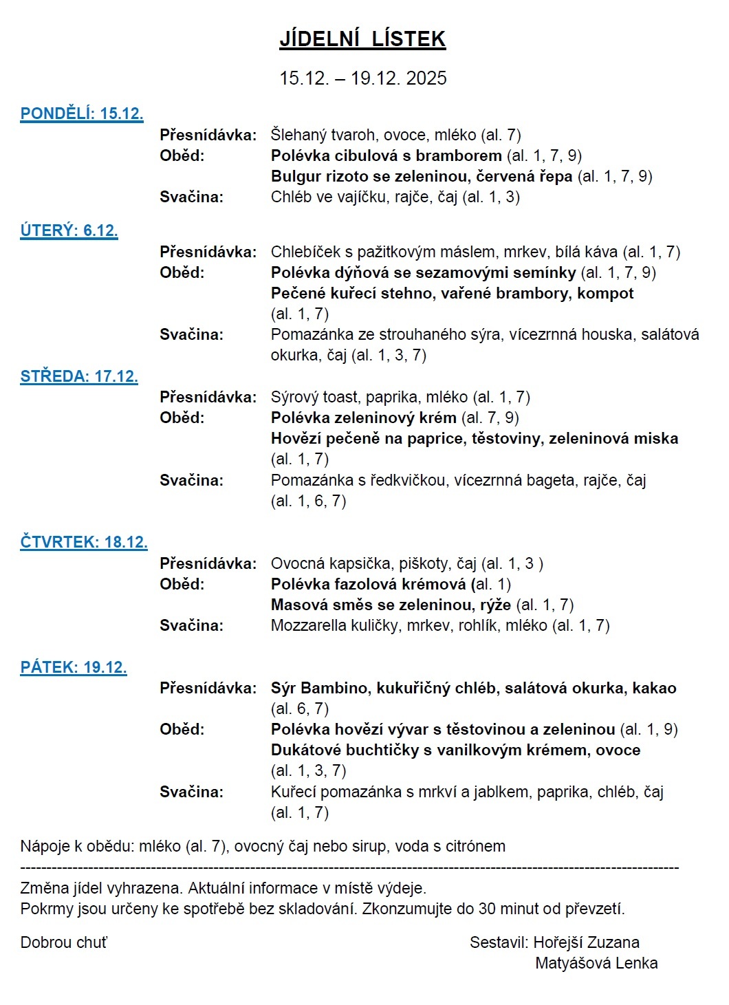 Jídelní lístek 15.12.-19.12.2025