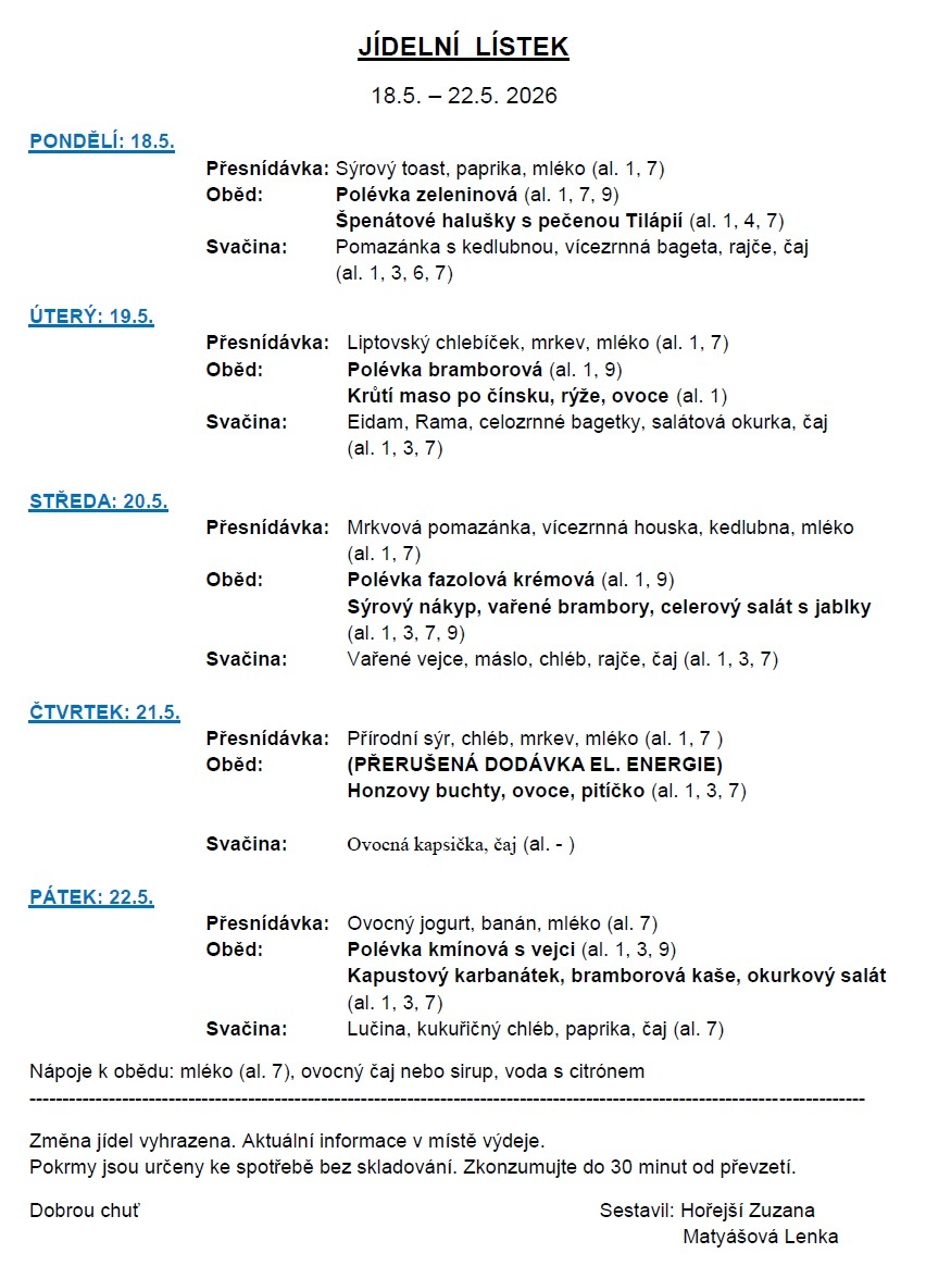 Jídelní lístek 18.5.-22.5.2026