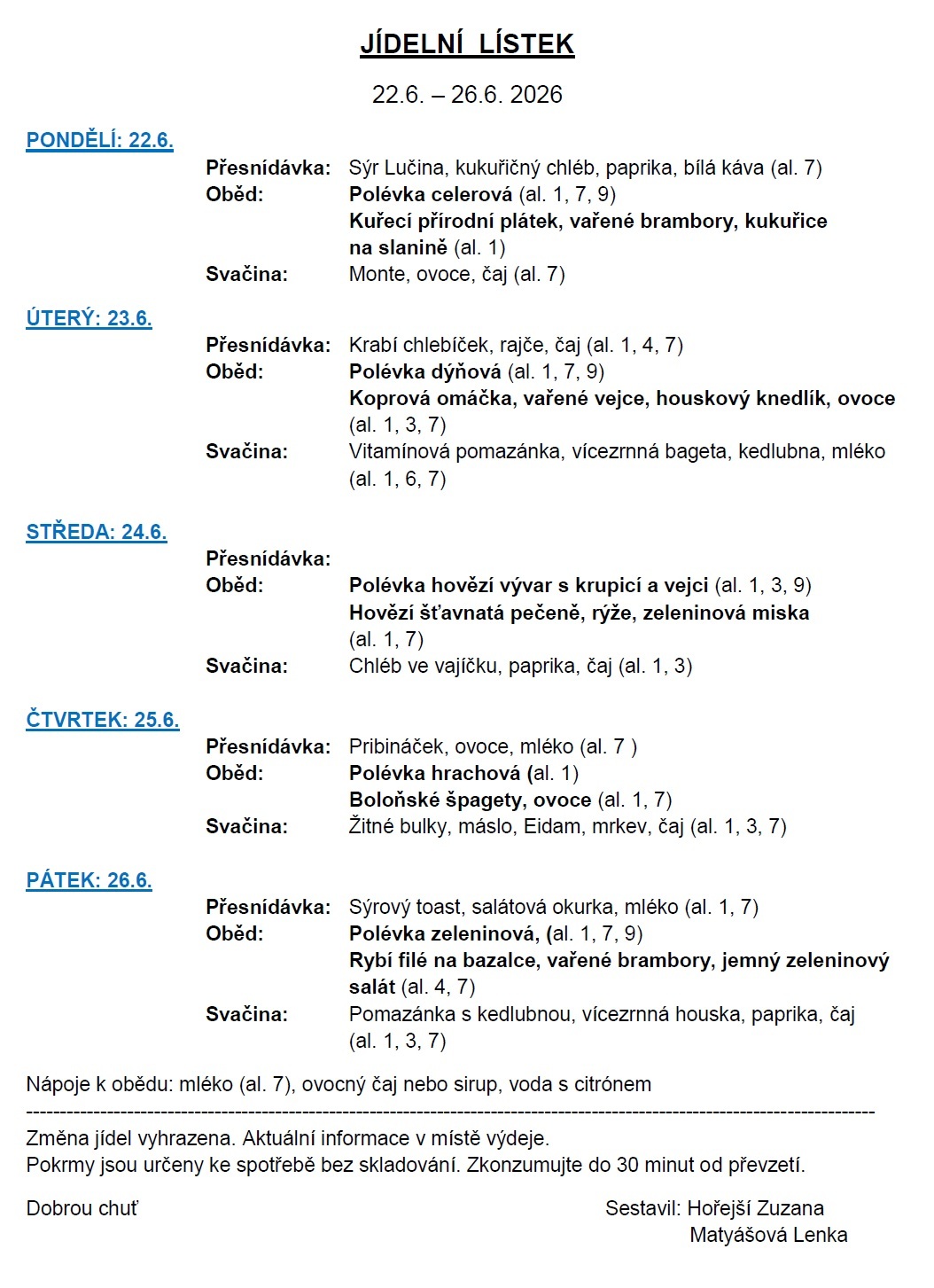 Jídelní lístek 22.6.-26.6.2026