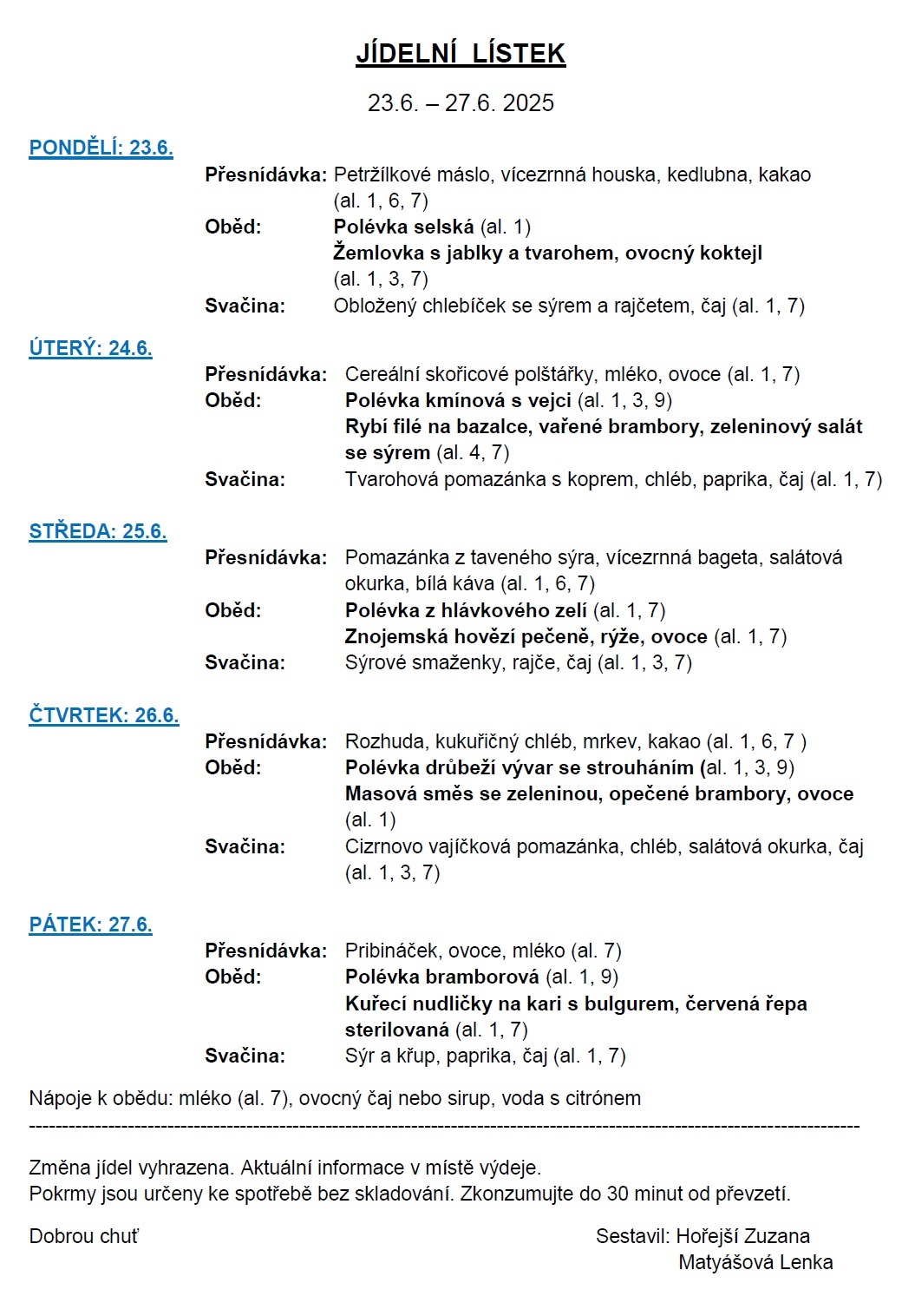 Jídelní lístek 23.6.-27.6.2025