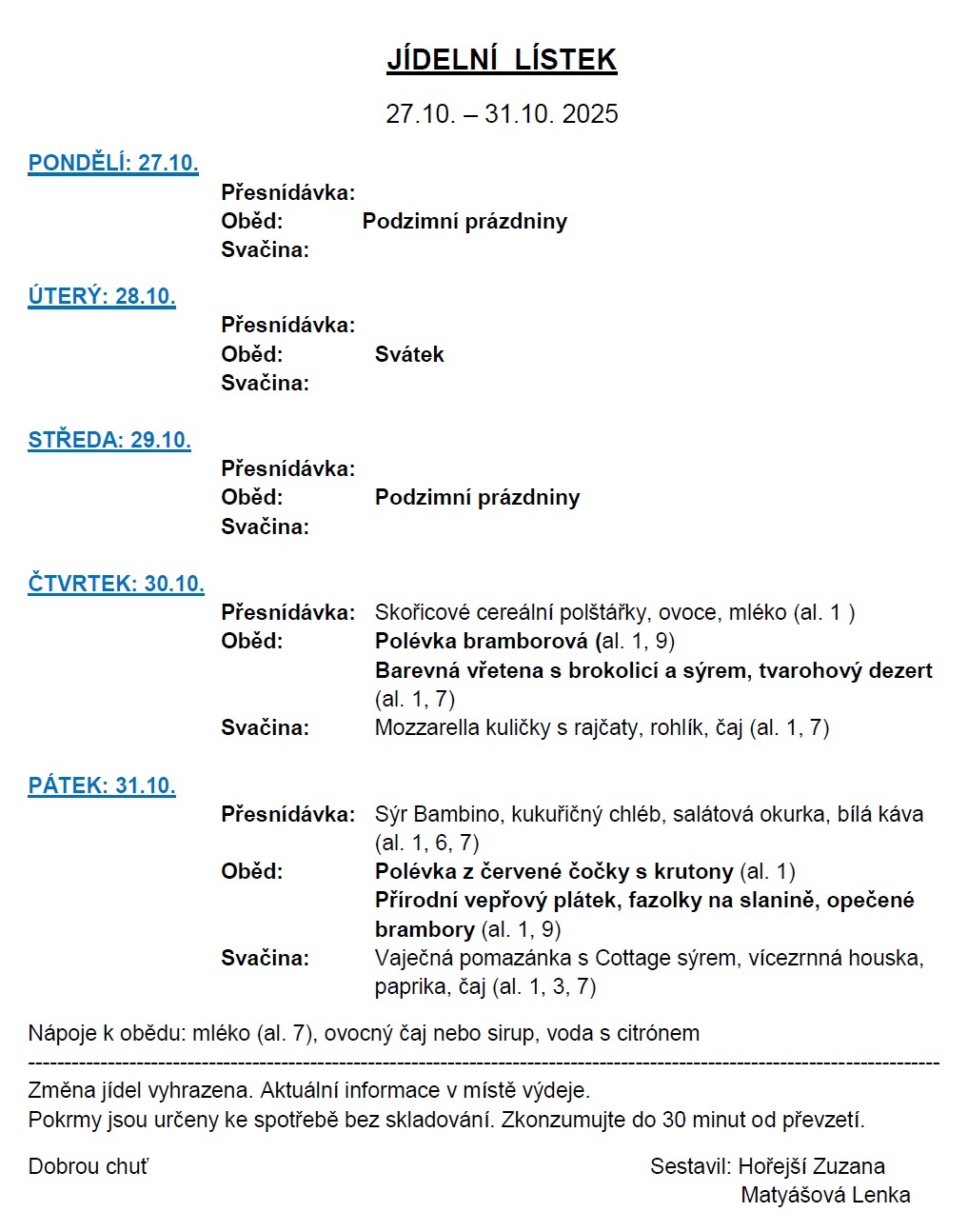 Jídelní lístek 27.10.-31.10.2025