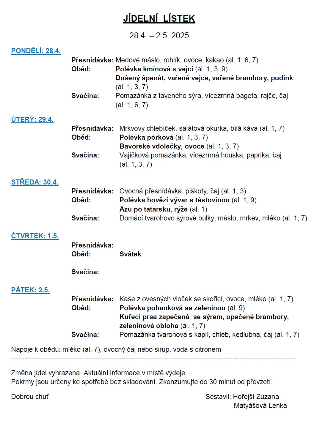 Jídelní lístek 28.4.-2.5.2025