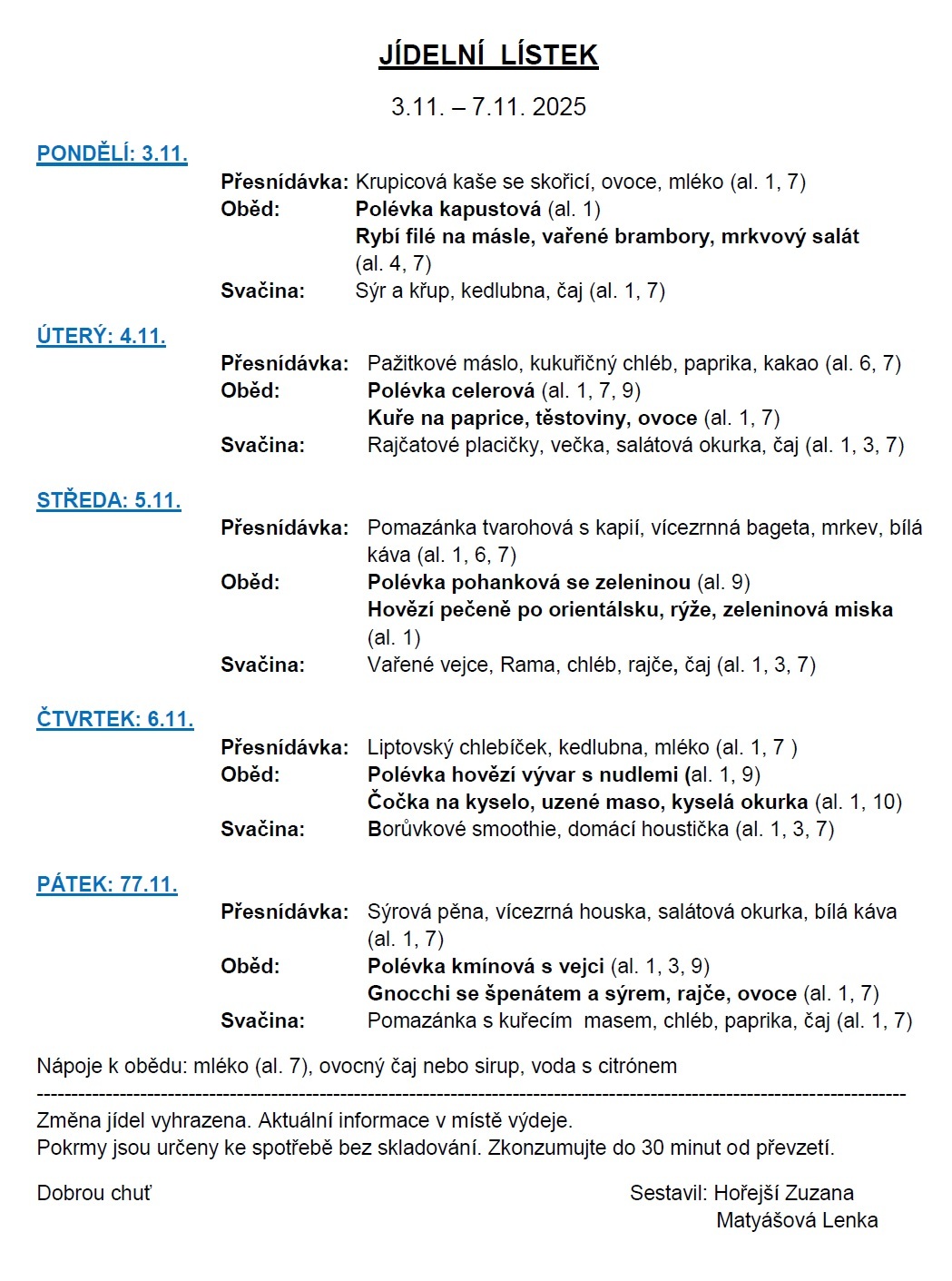 Jídelní lístek 3.11.-7.11.2025