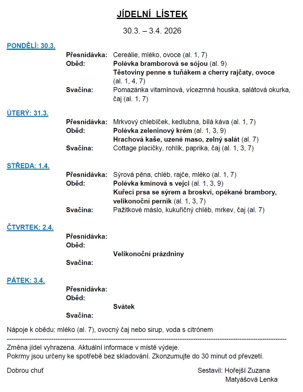 Jídelní lístek 31.3.-3.4.2026