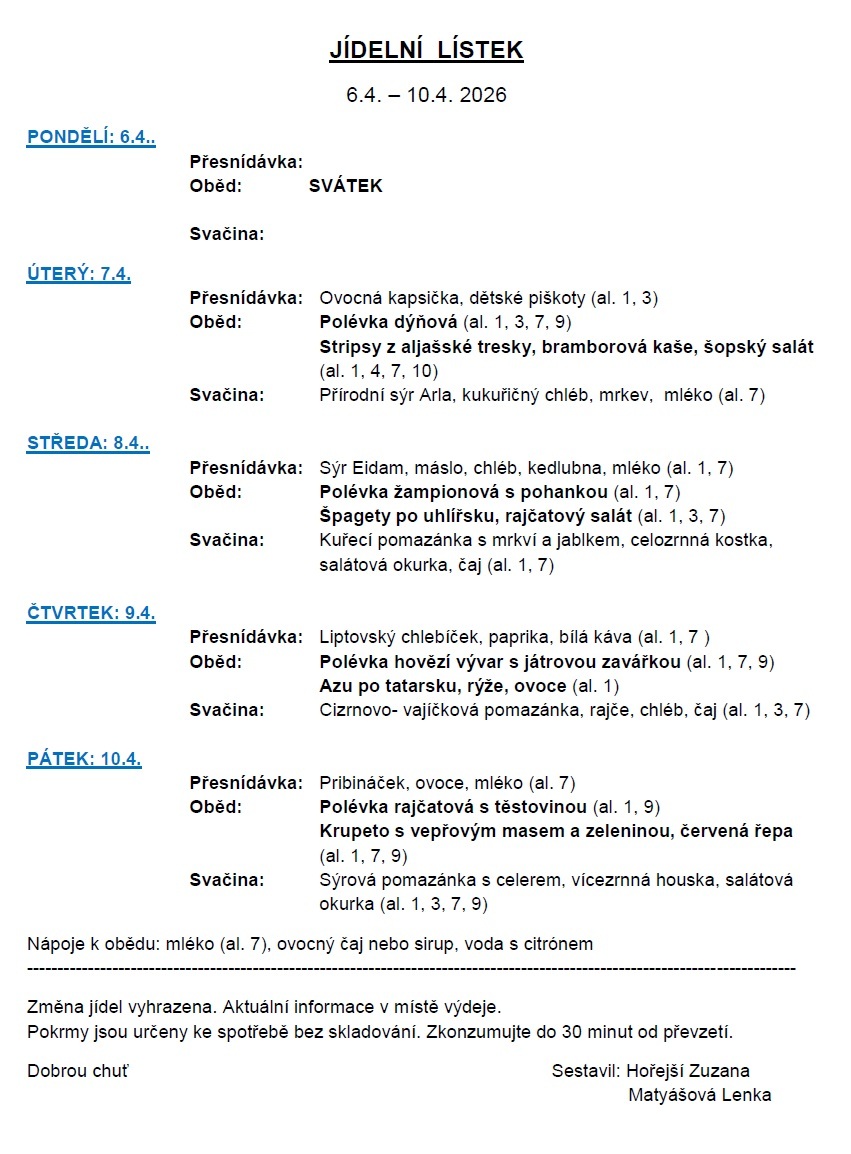 Jídelní lístek 6.4.-10.4.2026