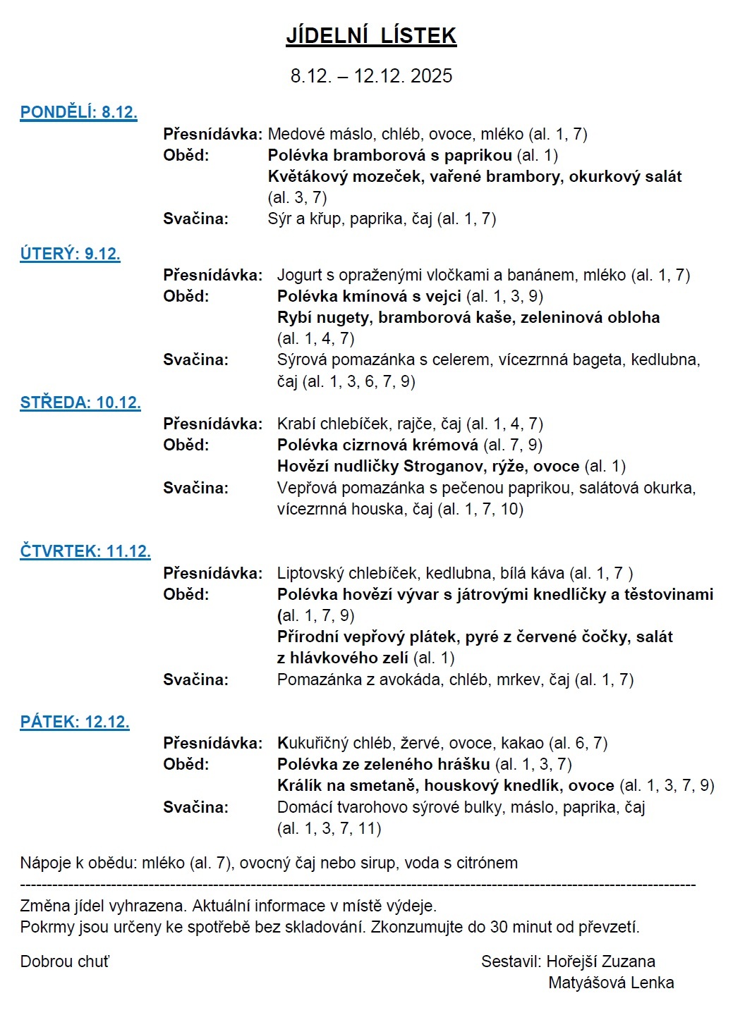 Jídelníček 8.12.-12.12.2025