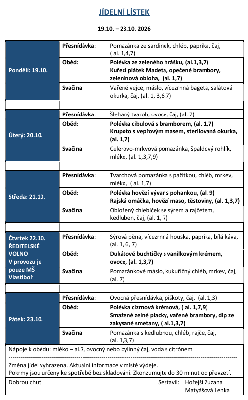 Jídelníček 19. - 23.10.2026