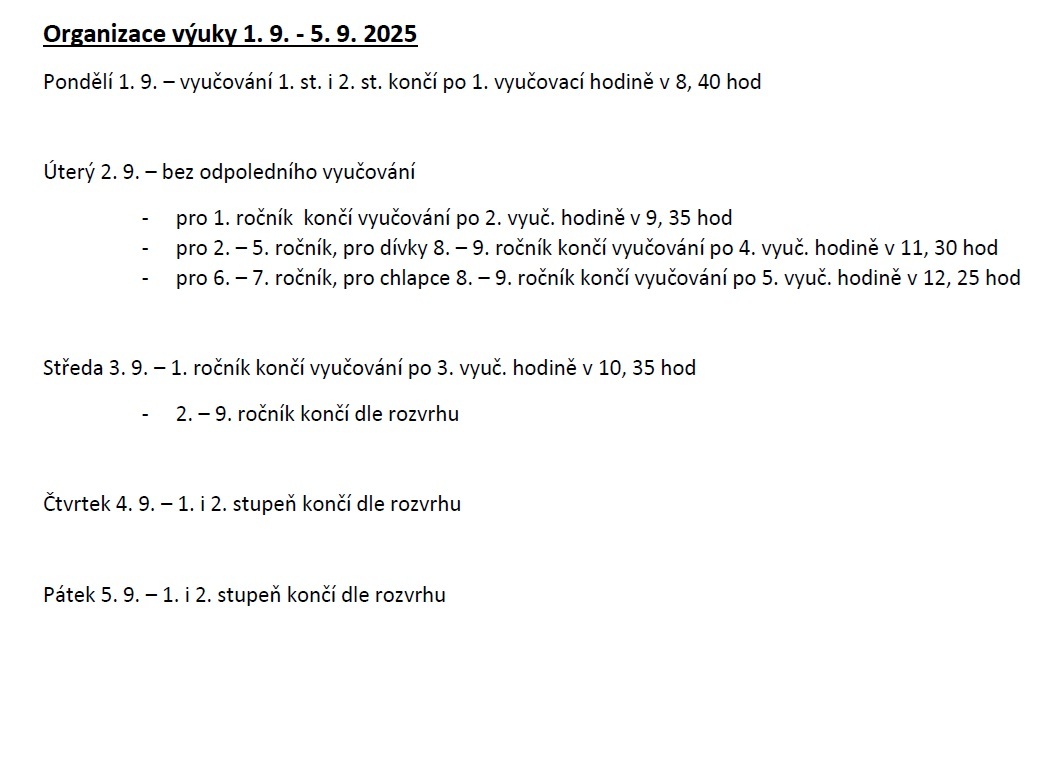 Organizace výuky 1.9.-5.9.2025