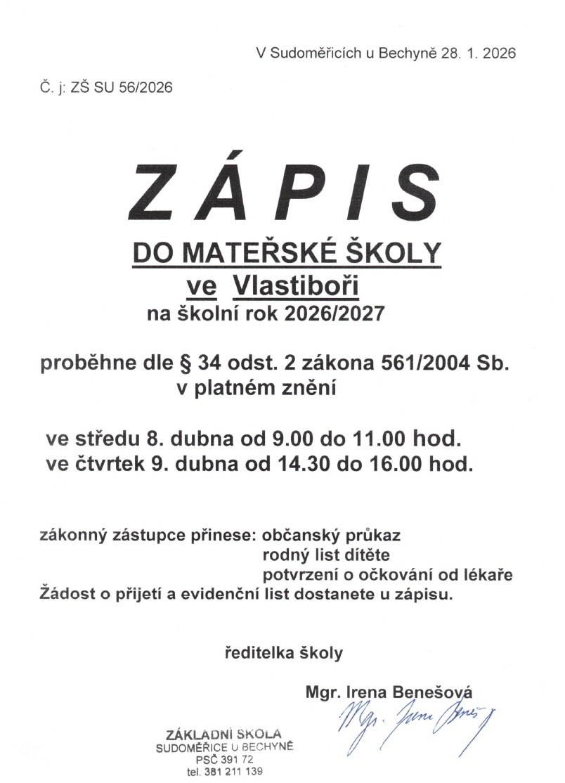 Zápis do MŠ Vlastiboř