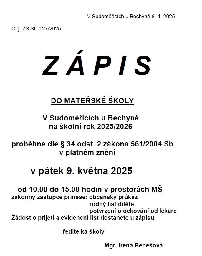 Zápis do MŠ Sudoměřice