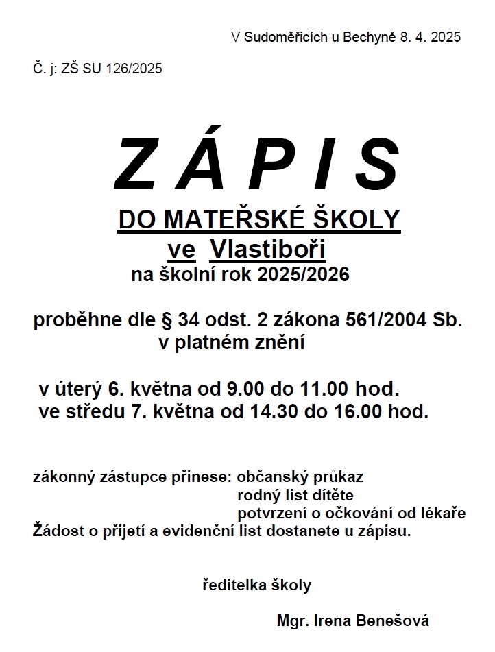 Zápis do MŠ Vlastiboř